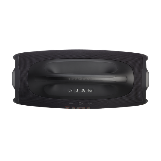 Top controls of JBL Boombox 4 with Bluetooth and power buttons illuminated.
