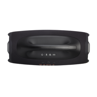 Top controls of JBL Boombox 4 with Bluetooth and power buttons illuminated.
