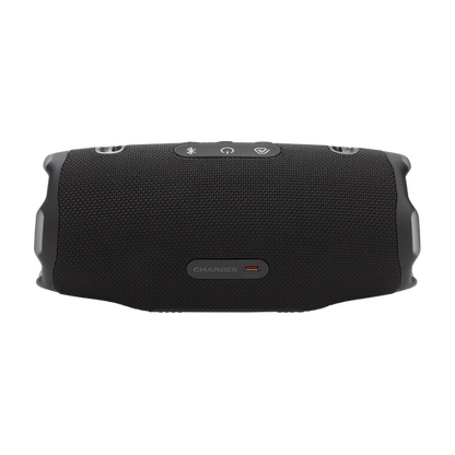 Close-up view of the JBL Charge 6 showing its rugged fabric wrap and reinforced rubberized grips designed for durability.