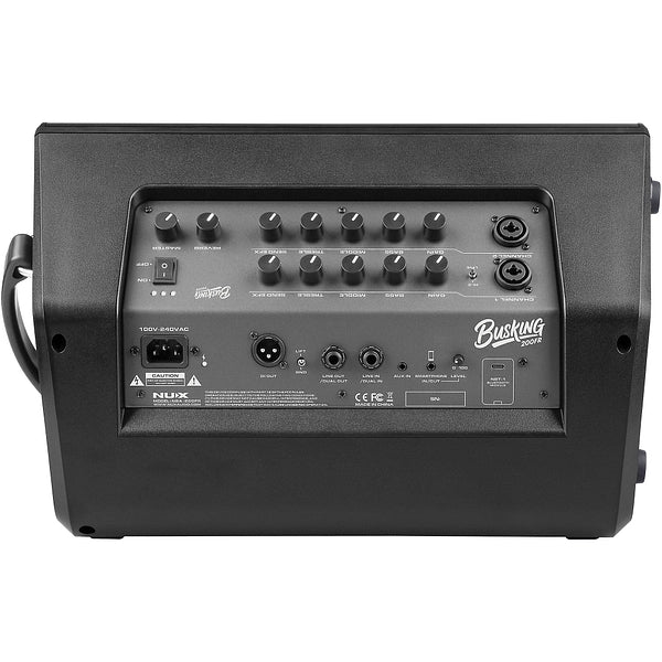 NUX Busking 200FR PA Kenya rear panel on white showing all knobs, power socket and XLR output