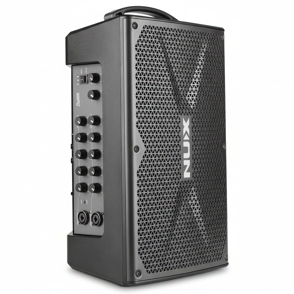 NUX Busking 200FR portable PA Kenya 3/4 angle on white showing side control panel, speaker grille and NUX logo