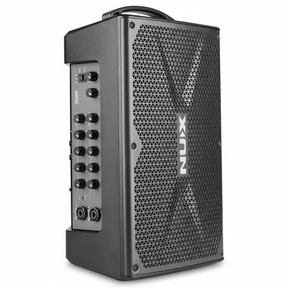 NUX Busking 200FR portable PA Kenya 3/4 angle on white showing side control panel, speaker grille and NUX logo