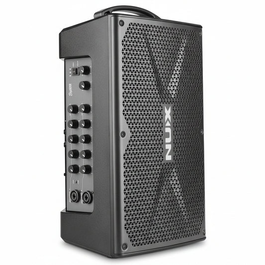 NUX Busking 200FR portable PA Kenya 3/4 angle on white showing side control panel, speaker grille and NUX logo