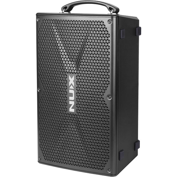 NUX Busking 200FR PA Kenya 3/4 right angle on white showing front grille, NUX logo and trolley wheel