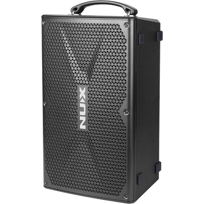 NUX Busking 200FR PA Kenya 3/4 right angle on white showing front grille, NUX logo and trolley wheel
