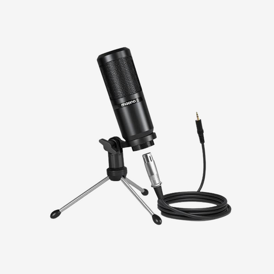 Close-up of the MAONO PM360 microphone head highlighting its all-metal construction and 3.5mm connector.