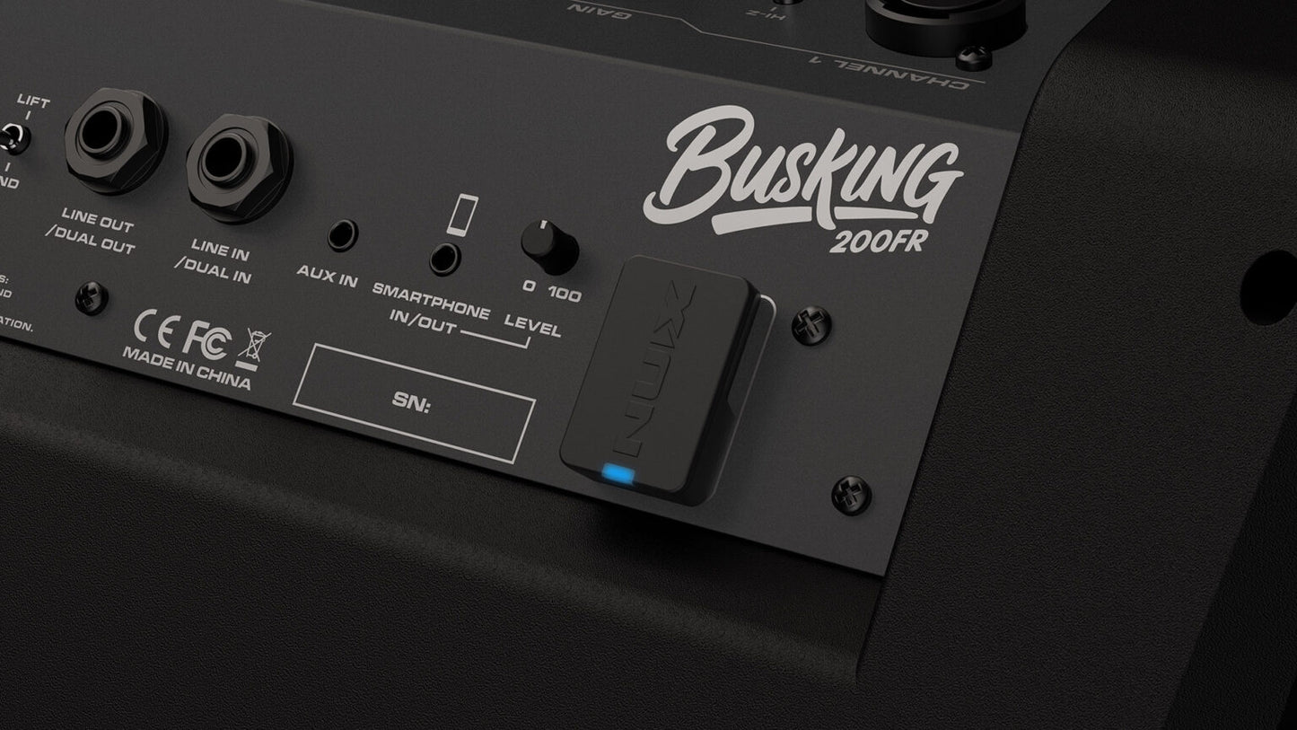 NUX Busking 200FR PA Kenya rear panel close-up with AUX In, Smartphone input, Level knob and wireless receiver