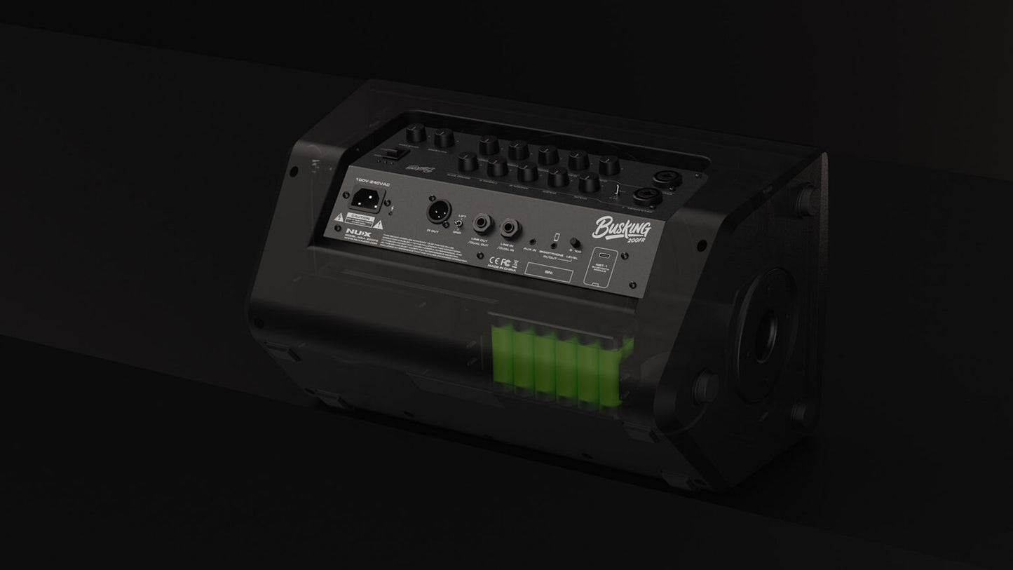 NUX Busking 200FR PA Kenya on dark background showing rear panel and glowing green battery strip