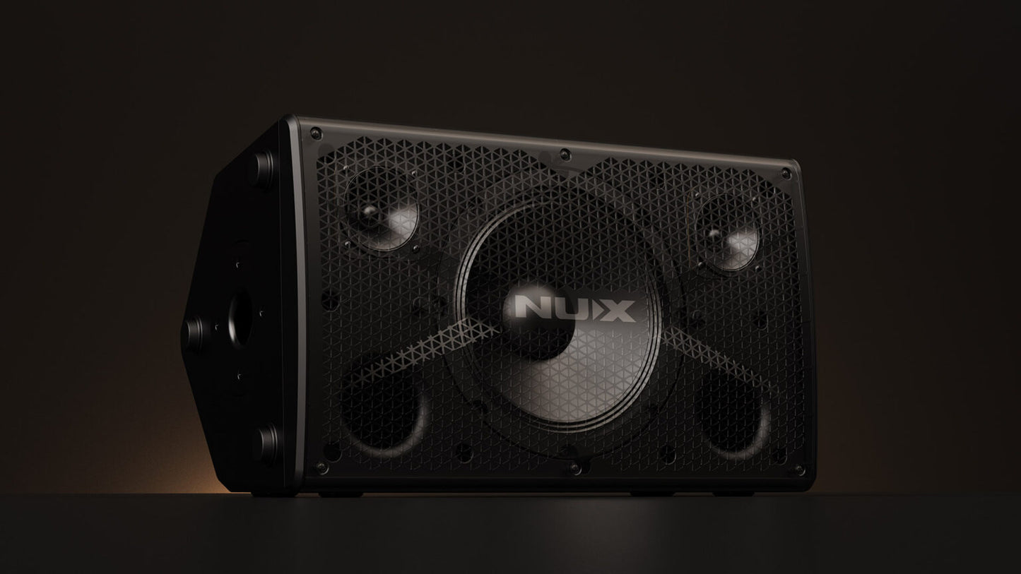 NUX Busking 200FR PA Kenya front 3/4 view on dark background with speaker grille and NUX logo
