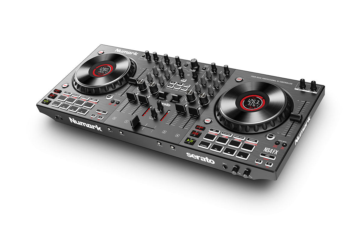 DJ controller with 'Numark' and 'Serato' branding on a white background