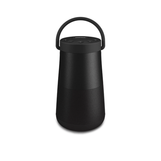 Bose SoundLink Revolve+ II Bluetooth Speaker in sleek black with a built-in handle, set against a modern background showing its 360° design.