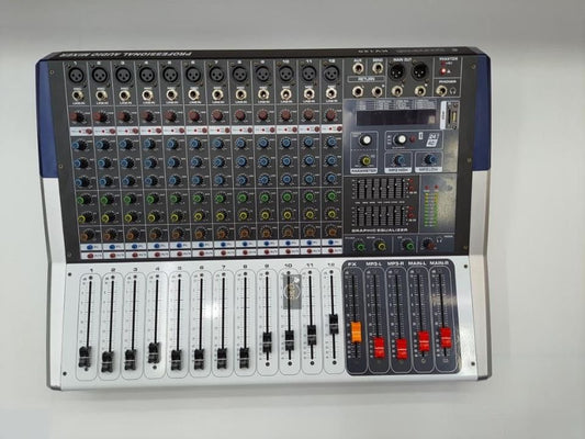 Soundcraft KV80 Pro mixer front view showing eight channel strips, digital display, and ergonomic controls."