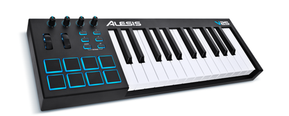 Front view of Alesis V25 25-key USB-MIDI keyboard controller with backlit pads, assignable knobs, and pitch/mod wheels.