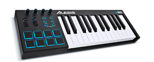 Front view of Alesis V25 25-key USB-MIDI keyboard controller with backlit pads, assignable knobs, and pitch/mod wheels.