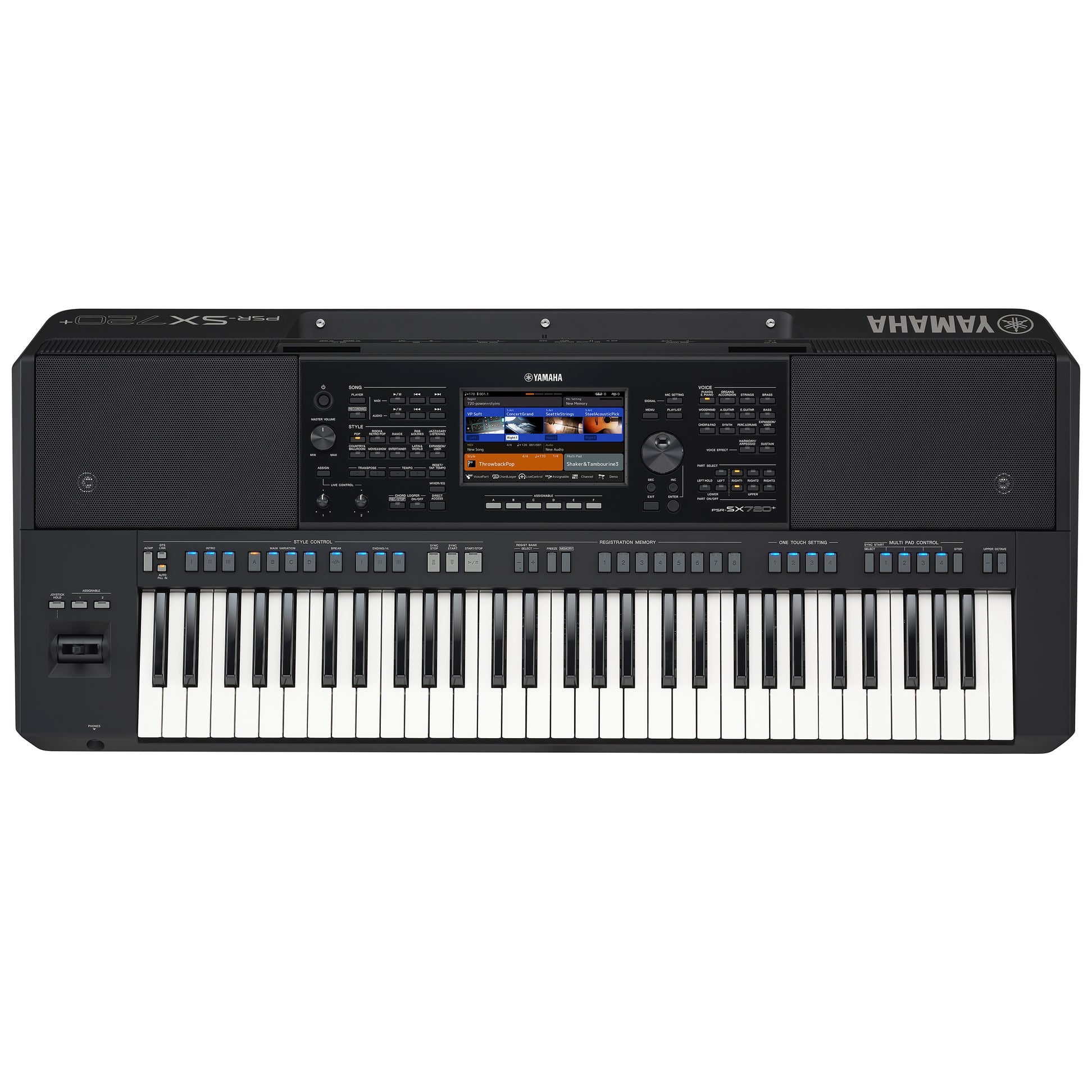 Yamaha PSR-SX720 arranger keyboard top view showing dual speakers and full control panel