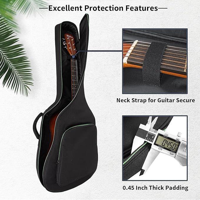 acoustic guitar bag Kenya open showing guitar inside, neck strap detail and 0.45 inch thick padding callout