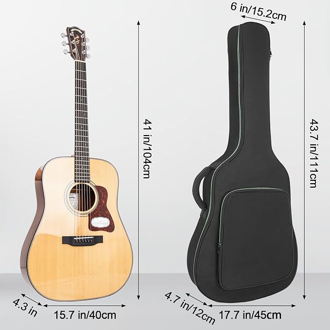 acoustic guitar bag Kenya size comparison with 41 inch guitar showing bag dimensions 43.7 x 17.7 x 6 inches