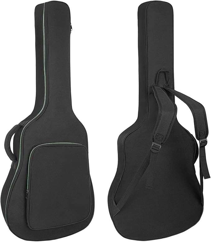 acoustic guitar bag Kenya — front and back views showing padded body, accessory pocket and shoulder straps`