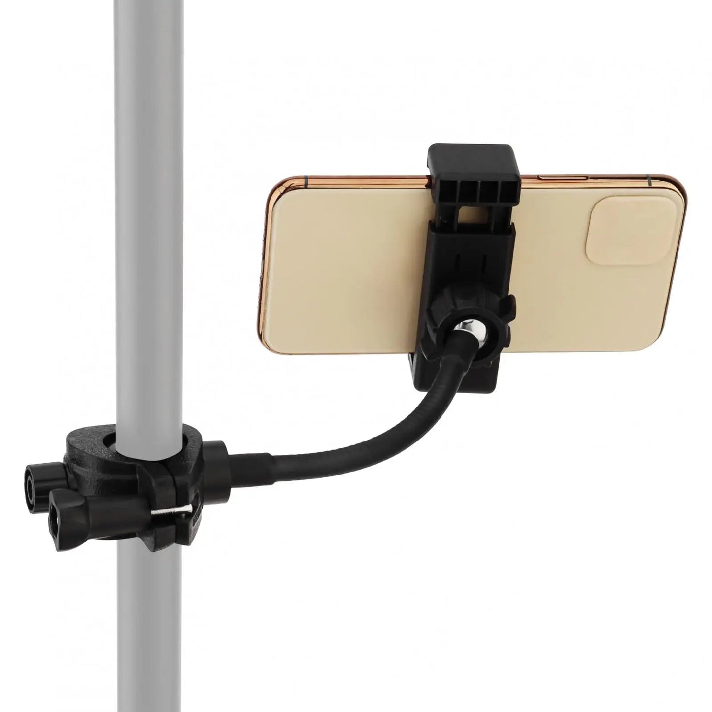 Phone holder for mic stand Kenya clamped to a vertical stand pole, rear view showing O-ring fixture and gooseneck arm angle