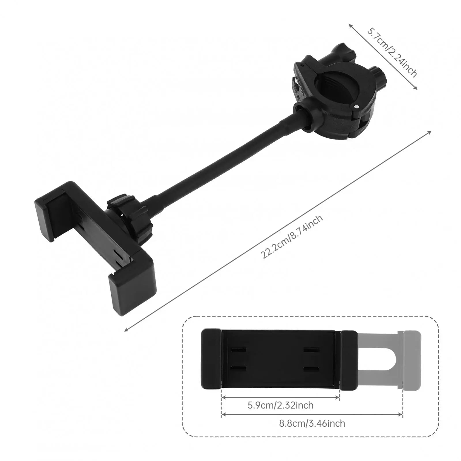 Phone holder for mic stand Kenya showing full unit dimensions: 22.2 cm arm, 5.7 cm clamp width, 5.9–8.8 cm phone cradle width
