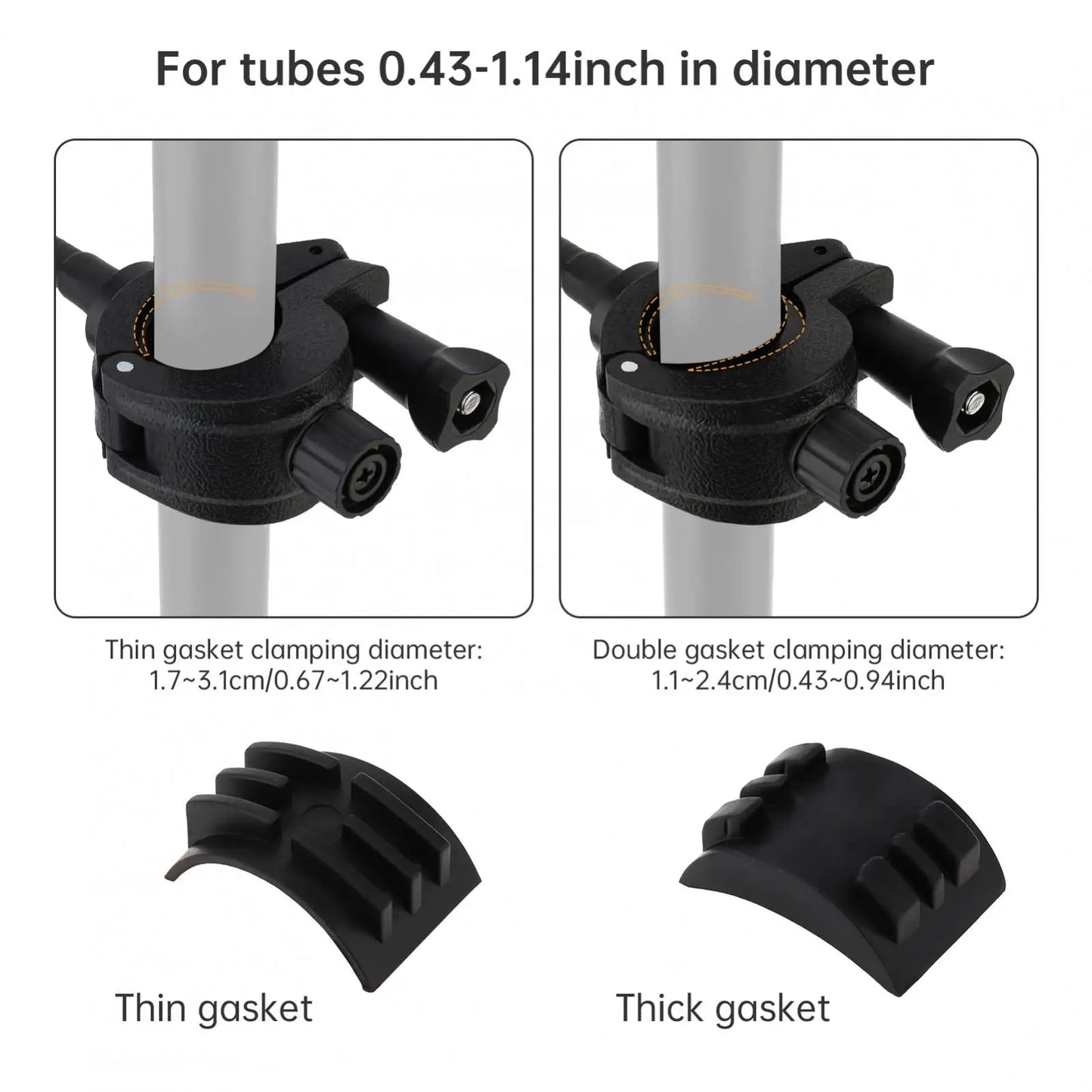 Phone holder for mic stand Kenya clamp gasket guide – thin gasket for 1.7–3.1 cm tubes, thick gasket for 1.1–2.4 cm tubes