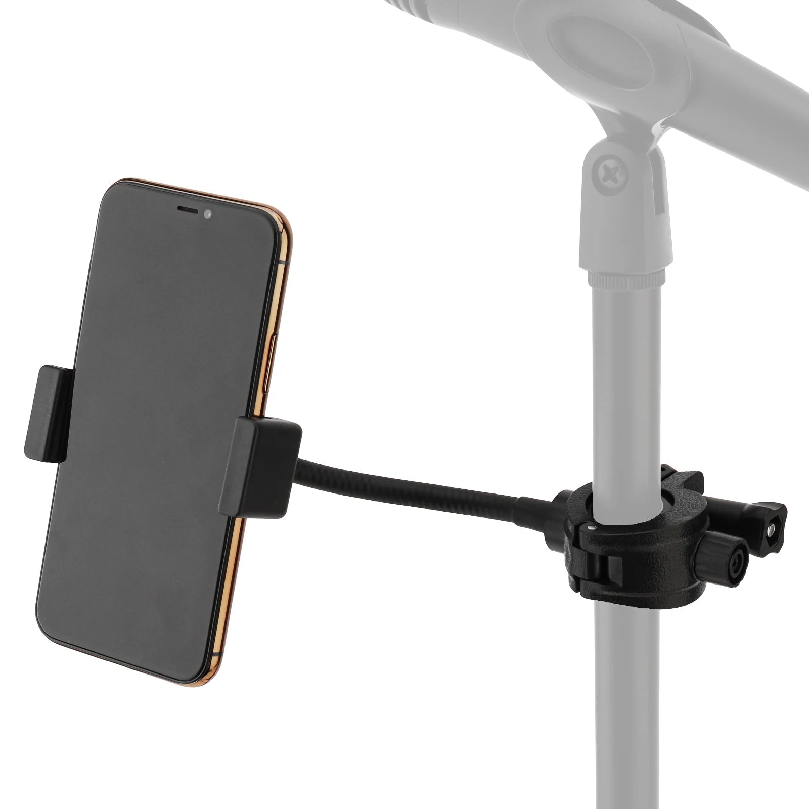 Phone holder for mic stand Kenya – gooseneck arm with smartphone clamped, mounted on a microphone stand, white background