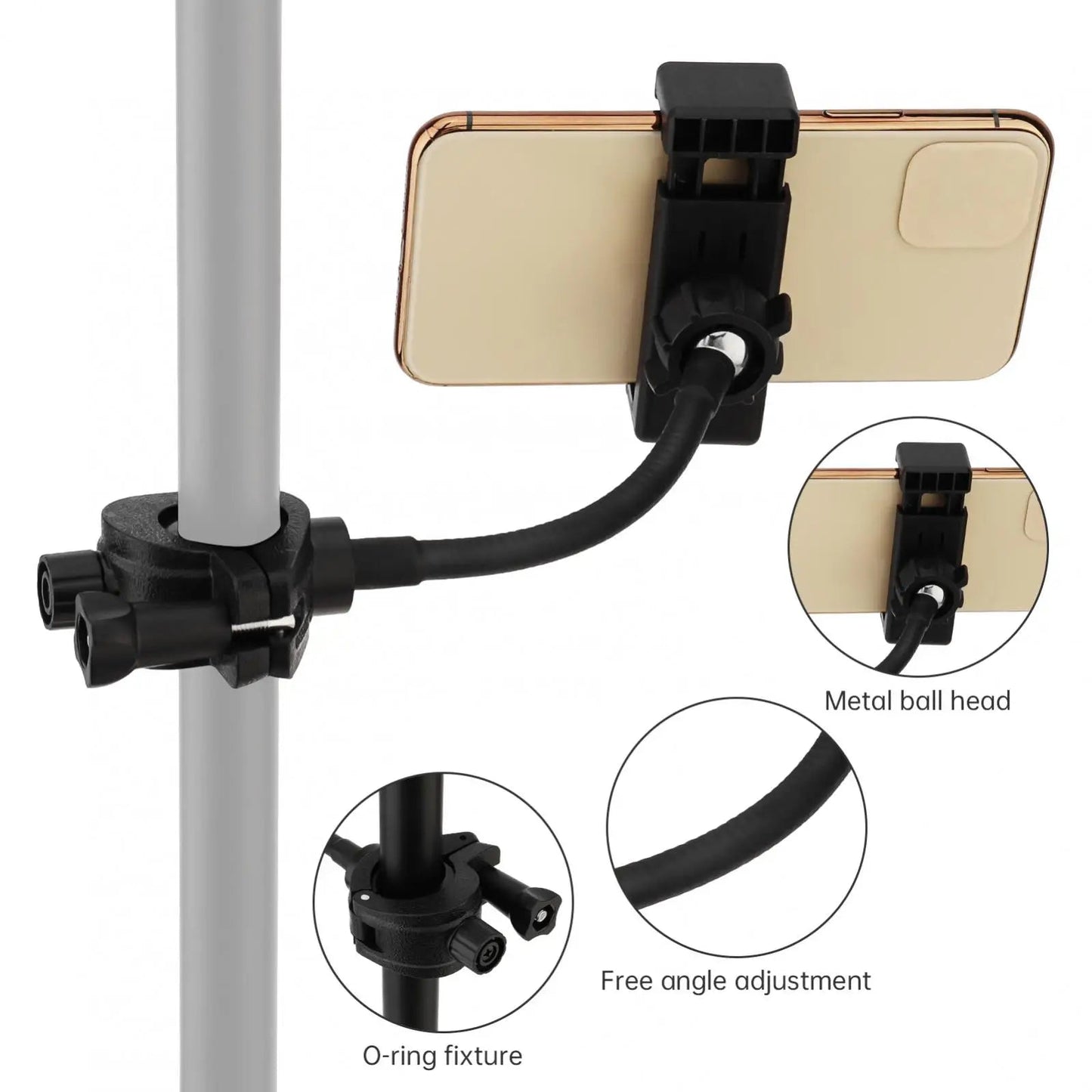 Phone holder for mic stand Kenya feature diagram showing metal ball head, free-angle gooseneck, and O-ring fixture callouts