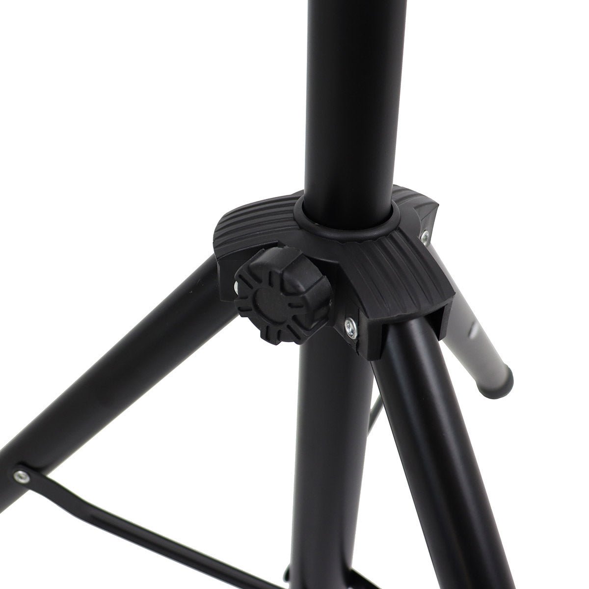 Adjustable music stand with perforated metal desk and folding tripod base, full height view