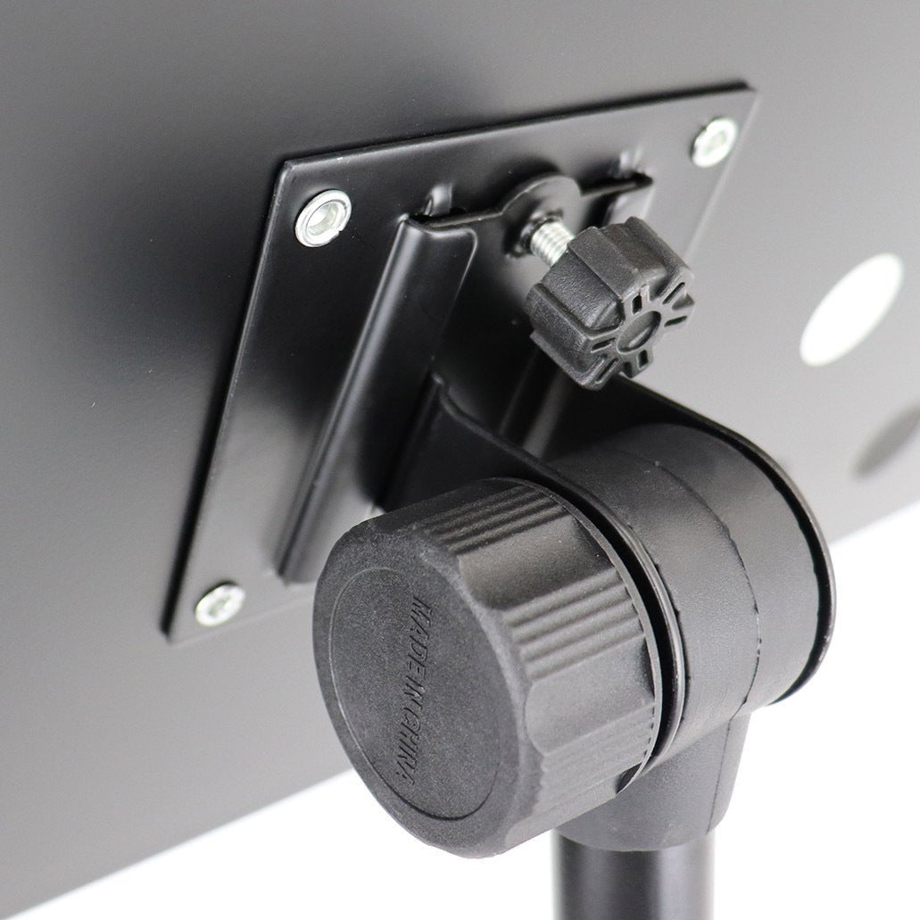Adjustable music stand with perforated metal desk and folding tripod base, full height view
