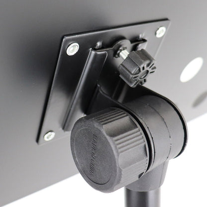 Adjustable music stand with perforated metal desk and folding tripod base, full height view