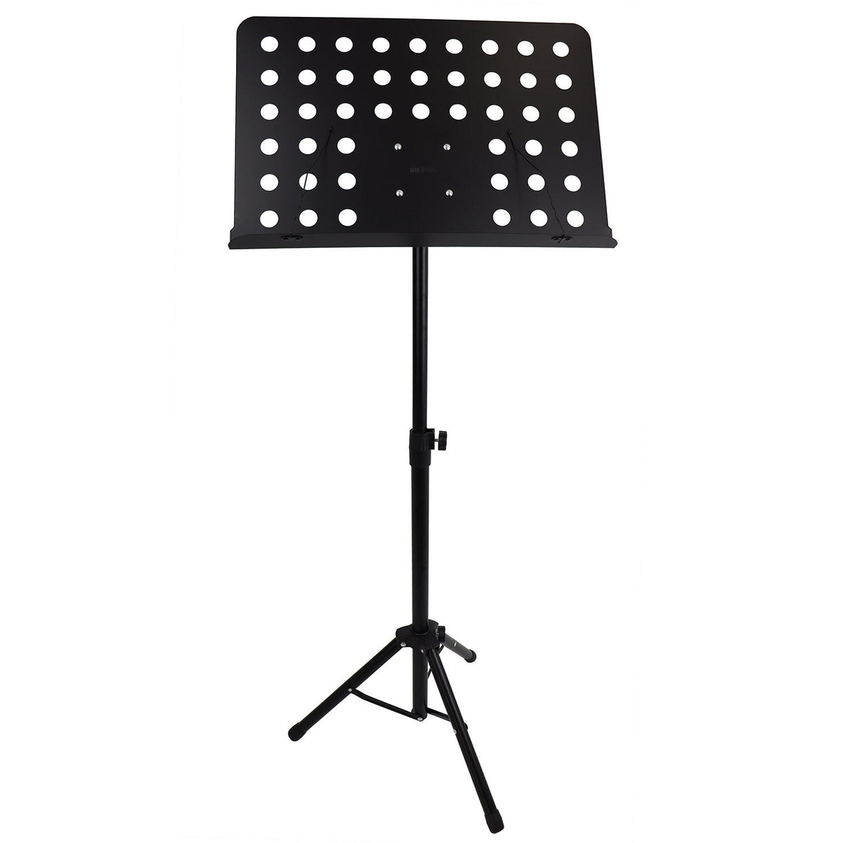 Adjustable music stand with perforated metal desk and folding tripod base, full height view