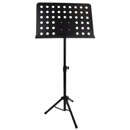 Adjustable music stand with perforated metal desk and folding tripod base, full height view