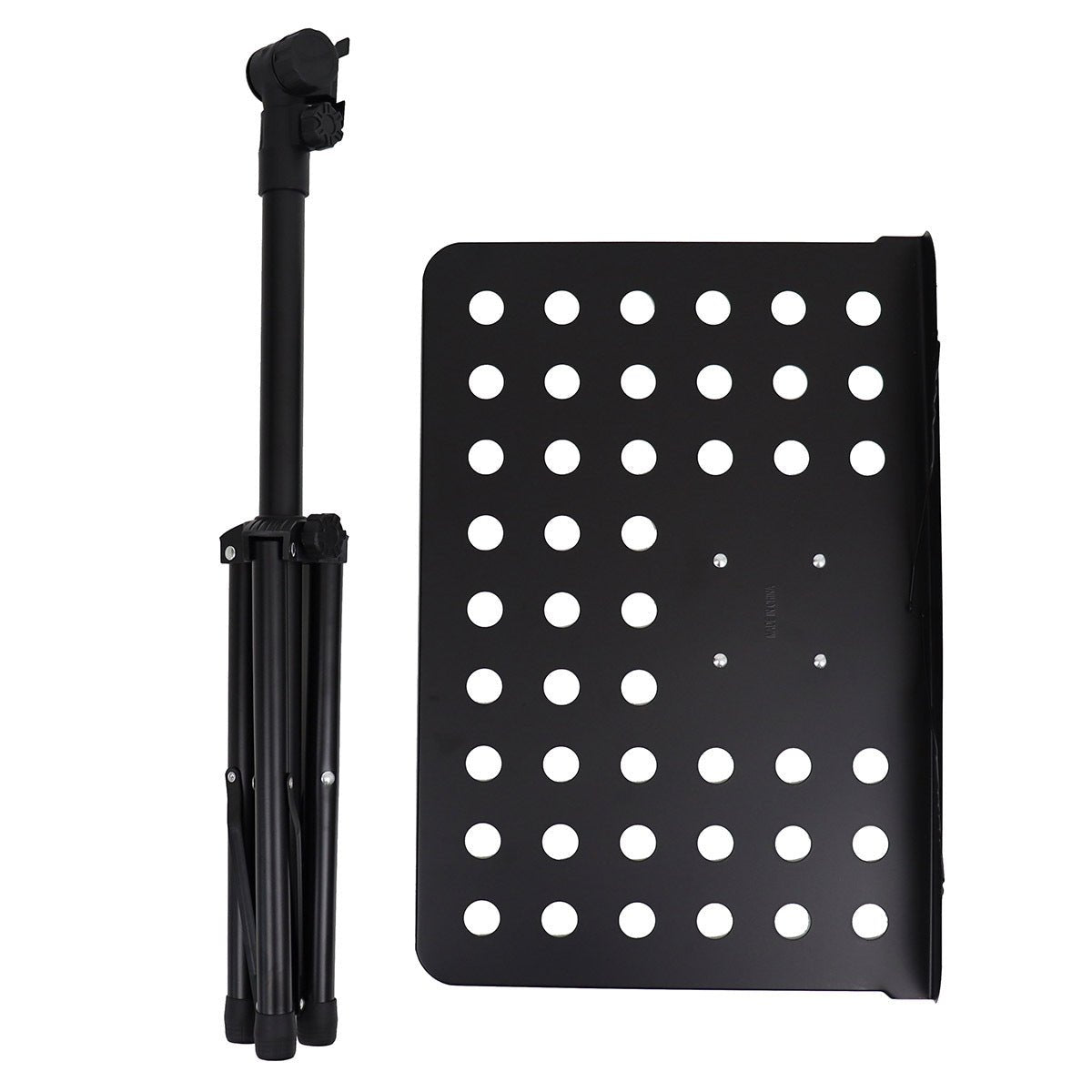 Adjustable music stand with perforated metal desk and folding tripod base, full height view