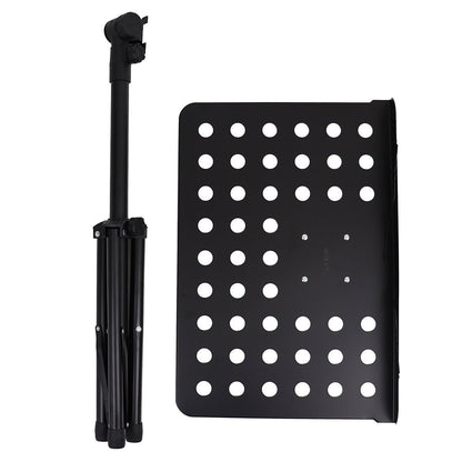 Adjustable music stand with perforated metal desk and folding tripod base, full height view