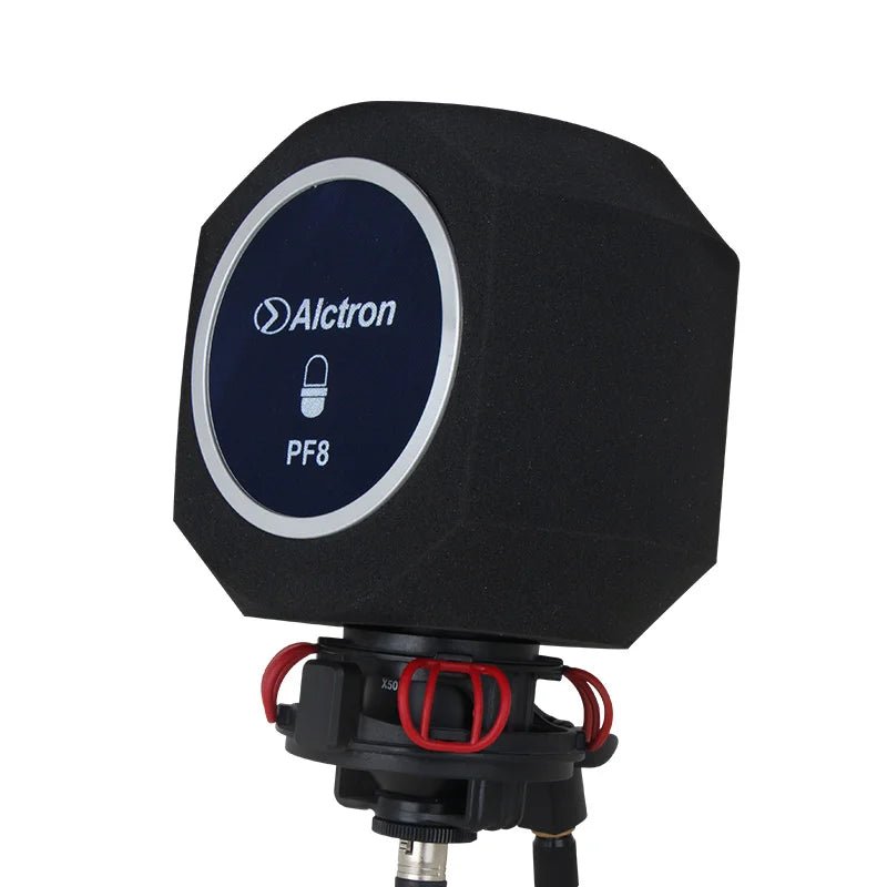 Alctron PF8 microphone isolation shield Kenya, front-left view on mic stand, octagonal foam body with branded circular face