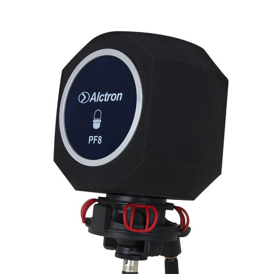 Alctron PF8 microphone isolation shield Kenya, front-left view on mic stand, octagonal foam body with branded circular face