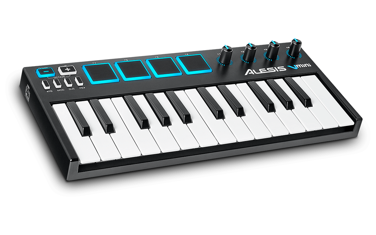 Alesis V-Mini Kenya front-left angle showing 4 blue-lit drum pads, 4 knobs and 25 mini keys on white background