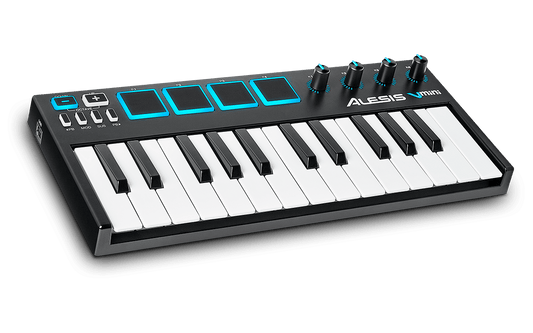 Alesis V-Mini Kenya front-left angle showing 4 blue-lit drum pads, 4 knobs and 25 mini keys on white background