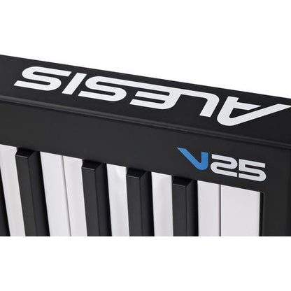 Alesis V25 MIDI controller Kenya close-up of front edge showing V25 logo and key tops in sharp detail