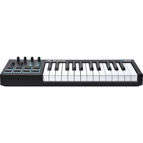Alesis V25 MIDI controller Kenya right-side angle view showing full 25-key layout, pads and knobs at low profile