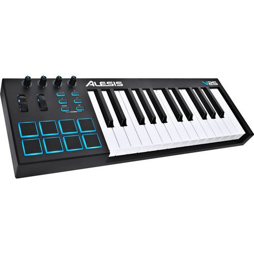 Alesis V25 MIDI controller Kenya front-left angle showing 8 blue-lit drum pads, 4 knobs, 4 buttons and 25 keys