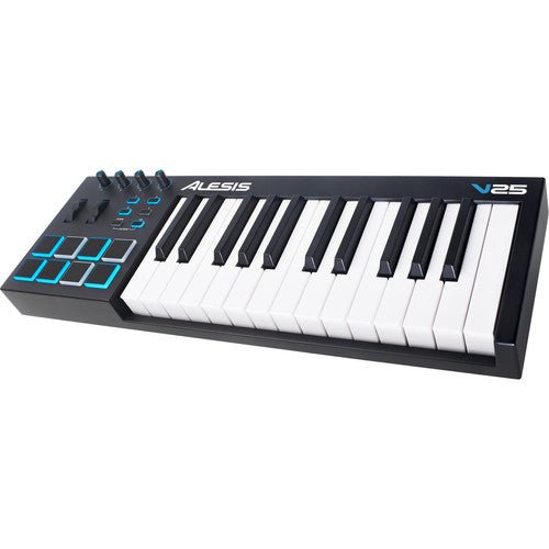 Alesis V25 MIDI controller Kenya front-right angle showing 25 keys, 8 blue-lit pads and assignable knobs