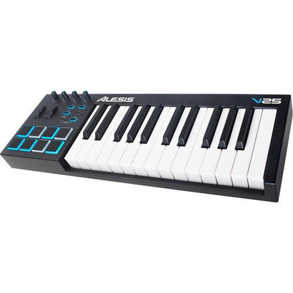 Alesis V25 MIDI controller Kenya front-right angle showing 25 keys, 8 blue-lit pads and assignable knobs