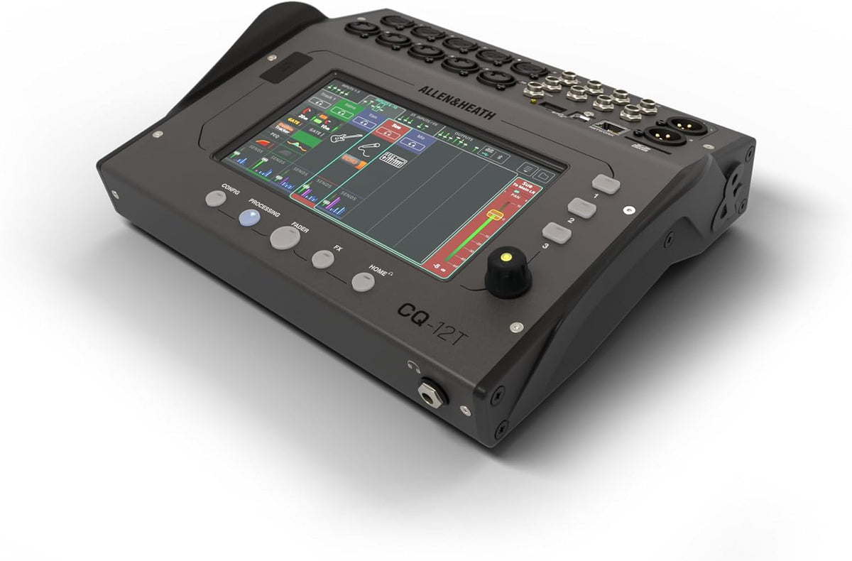 Allen & Heath CQ-12T desktop mixer angled view showing compact form factor and build quality