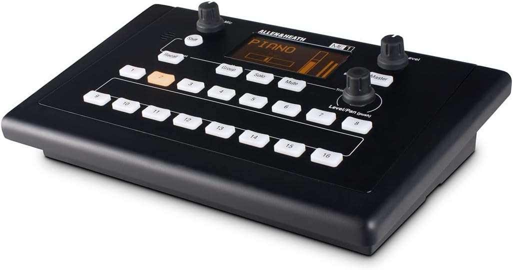 Allen Heath ME-1 Kenya — angled front view showing channel buttons, OLED display reading PIANO, and Level/Pan knob
