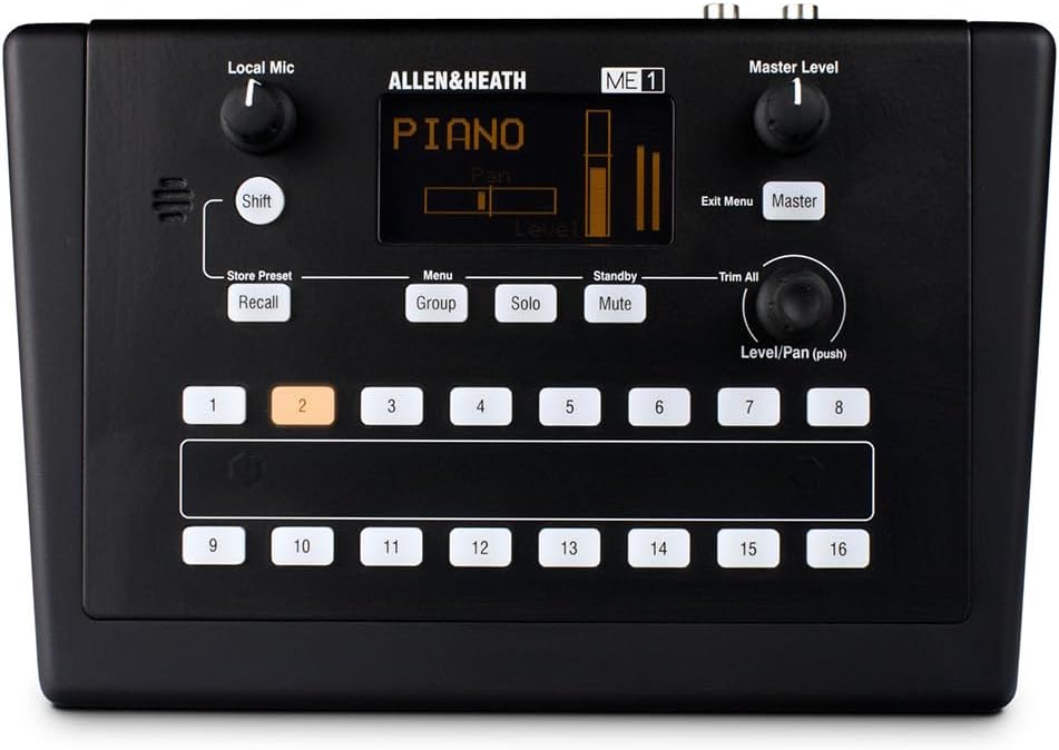 Allen Heath ME-1 Kenya flat front panel view — channel select buttons, Recall, Group, Solo, Mute, Master Level knob