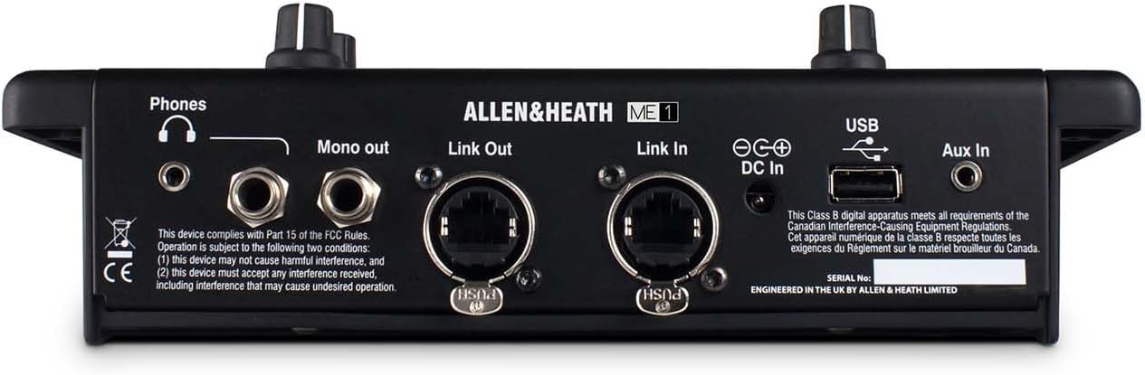 Allen Heath ME-1 Kenya rear panel flat view — Phones, Mono Out, Link Out, Link In, USB, DC In, Aux In labeled