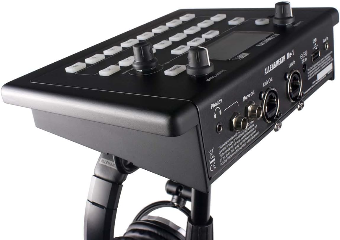 Allen Heath ME-1 Kenya rear-angle on stand showing Phones, Mono Out, Link In, Link Out, USB, and DC In ports