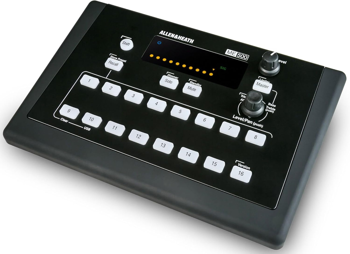 Allen Heath ME-500 Kenya — 16-channel personal monitor mixer top-angle view showing channel buttons and master knob