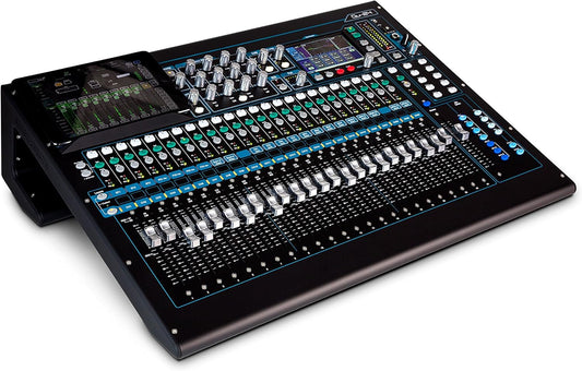 Allen Heath Qu-24 Kenya digital mixer 3/4 front view showing 24 motorized faders, touchscreen and channel controls